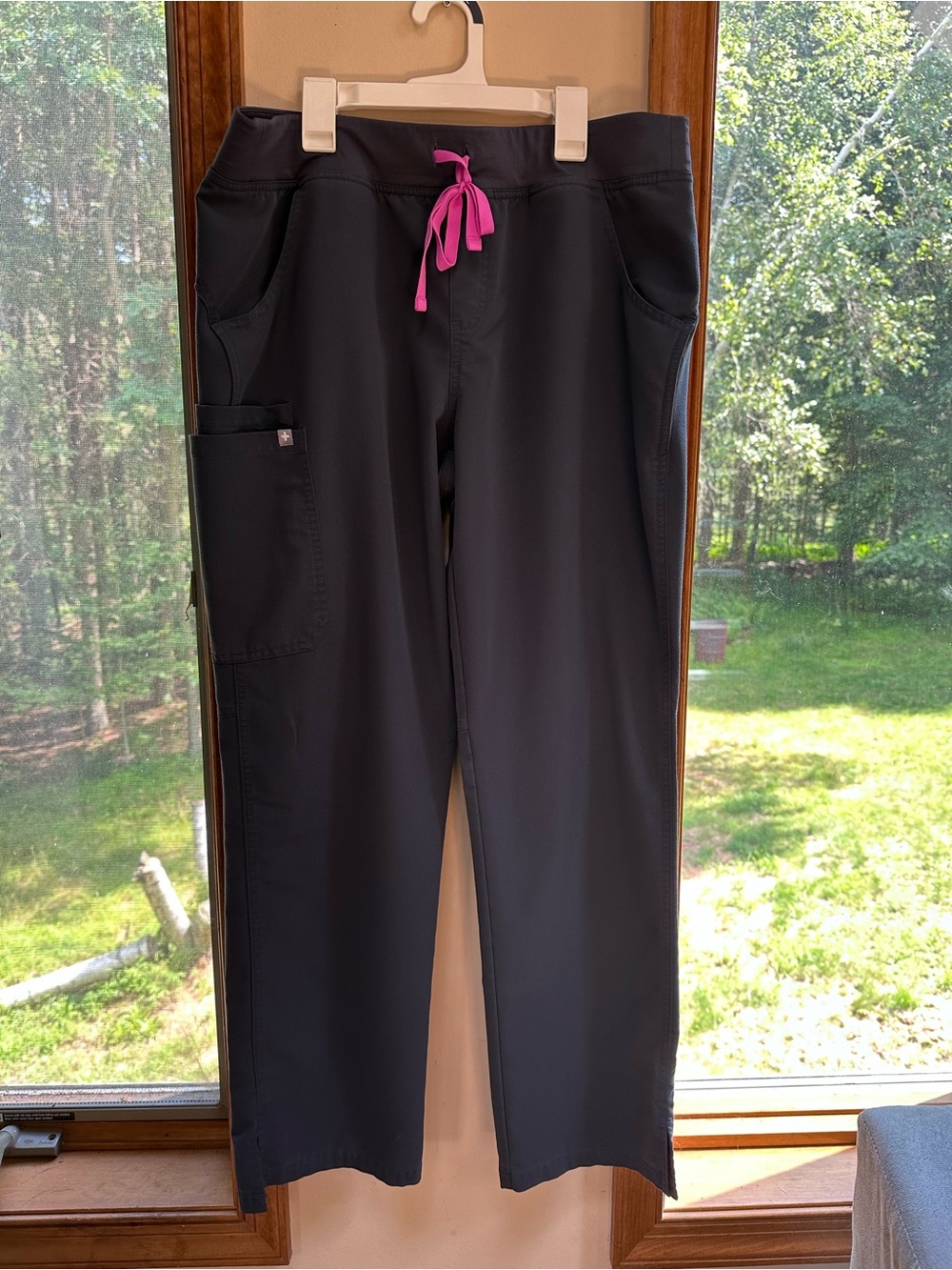 Dark Gray Scrub Pants with Pink Drawstring